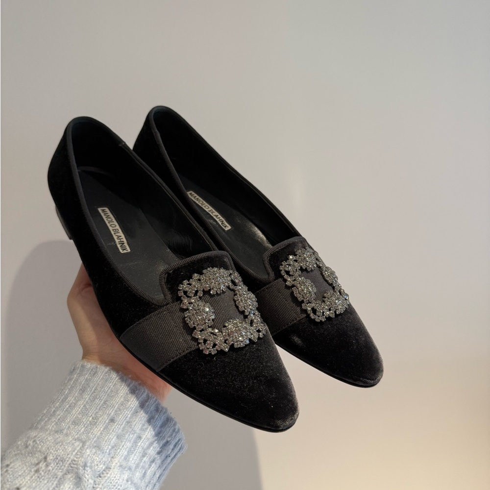 Manolo Blahnik Black Velvet Loafers with Crystal Buckle